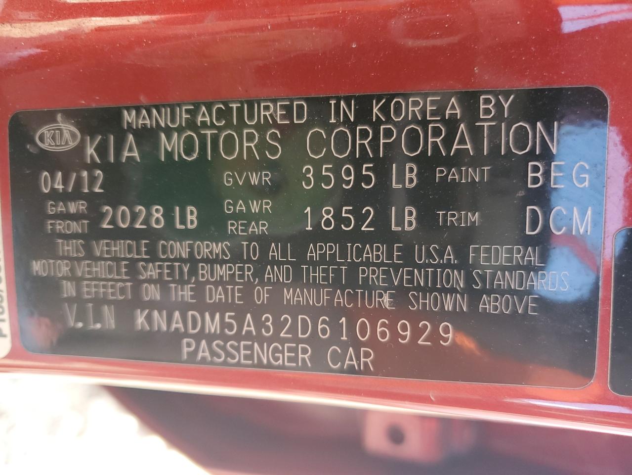 2013 Kia Rio Lx VIN: KNADM5A32D6106929 Lot: 64417124