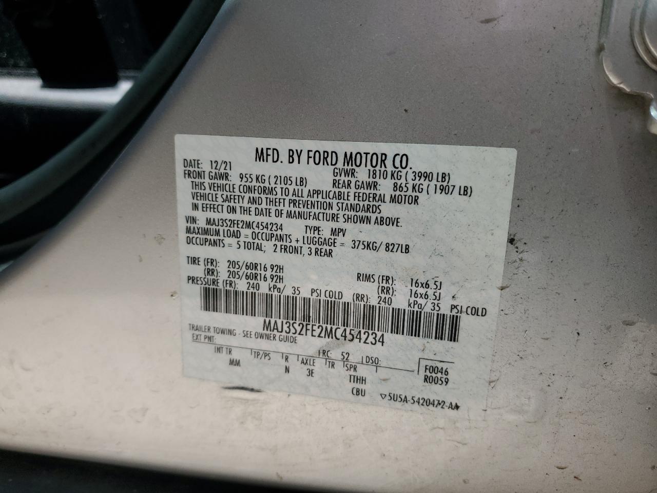 2021 Ford Ecosport S VIN: MAJ3S2FE2MC454234 Lot: 63181974