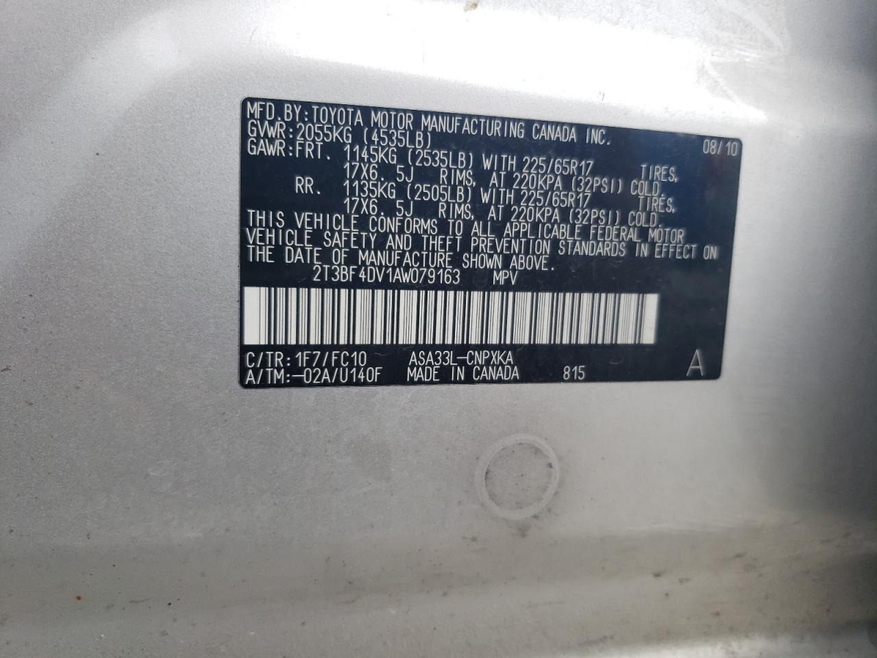 2010 Toyota Rav4 VIN: 2T3BF4DV1AW079163 Lot: 64839604