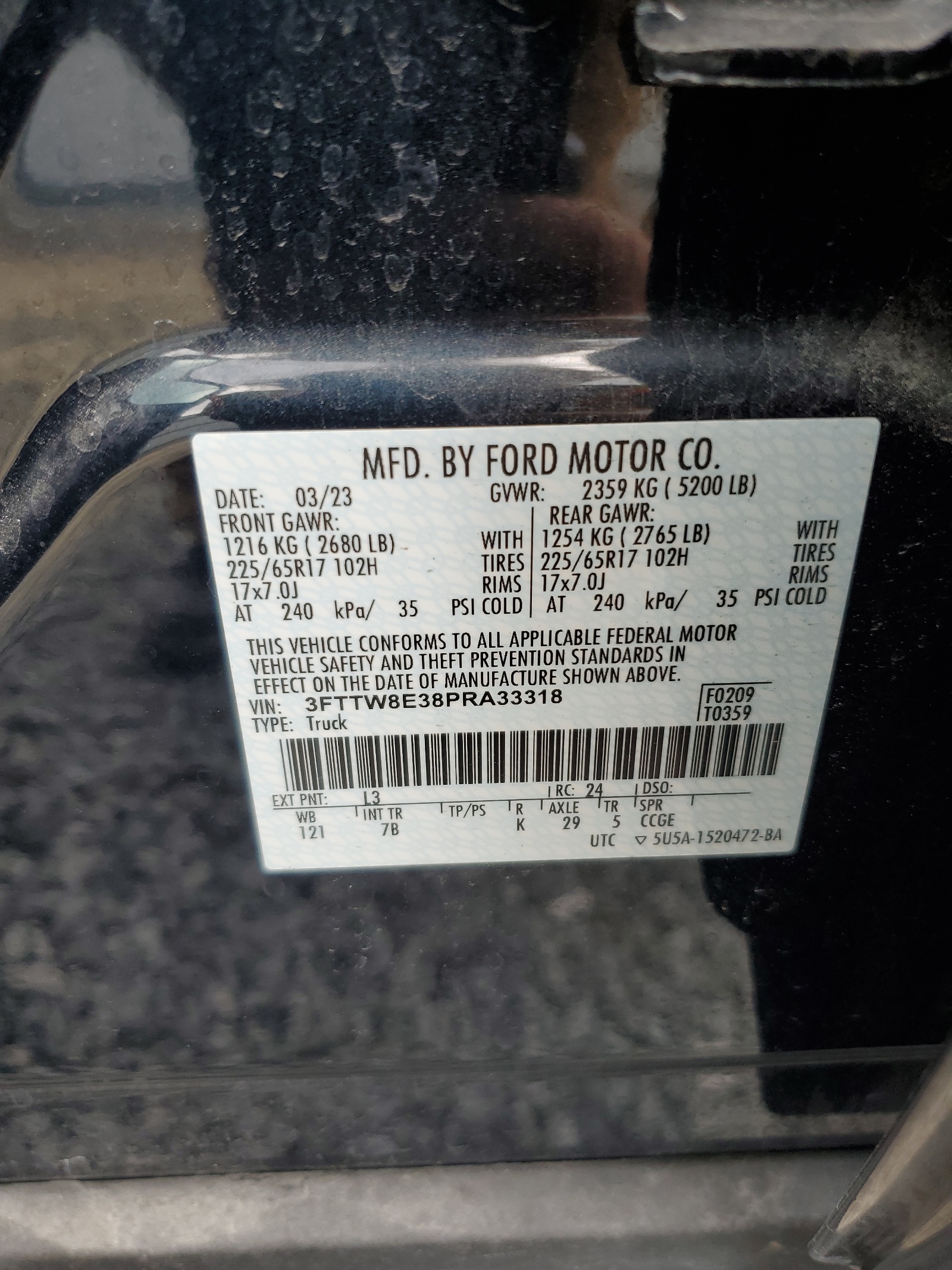 3FTTW8E38PRA33318 2023 Ford Maverick Xl