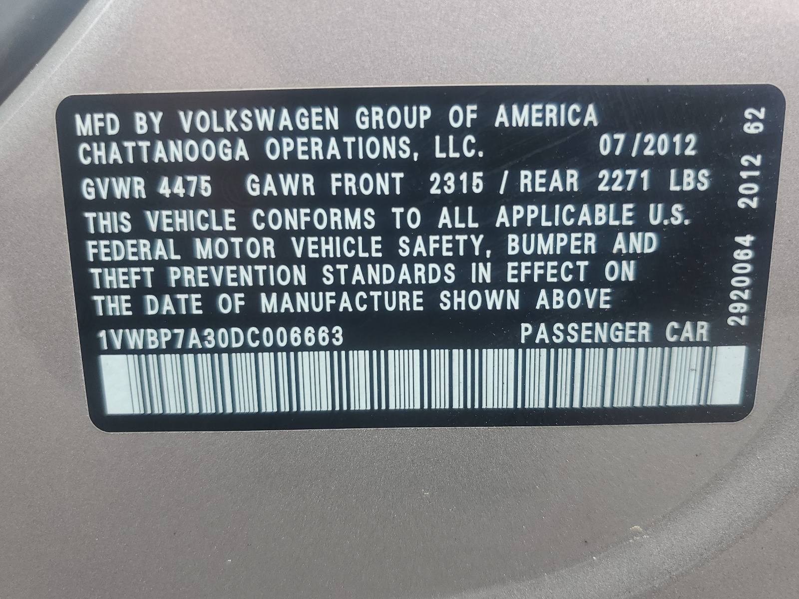 1VWBP7A30DC006663 2013 Volkswagen Passat Se