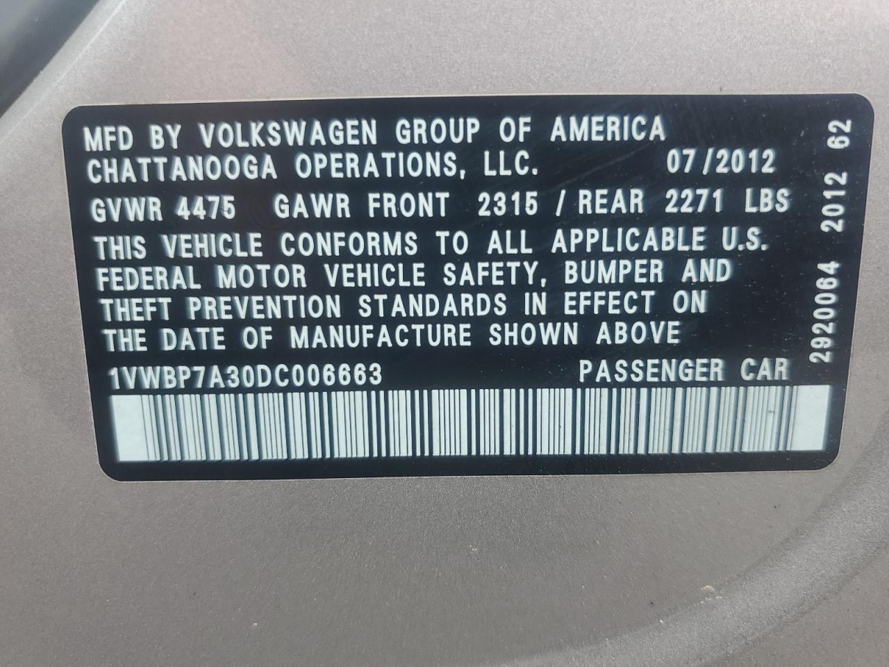 2013 Volkswagen Passat Se VIN: 1VWBP7A30DC006663 Lot: 62698054