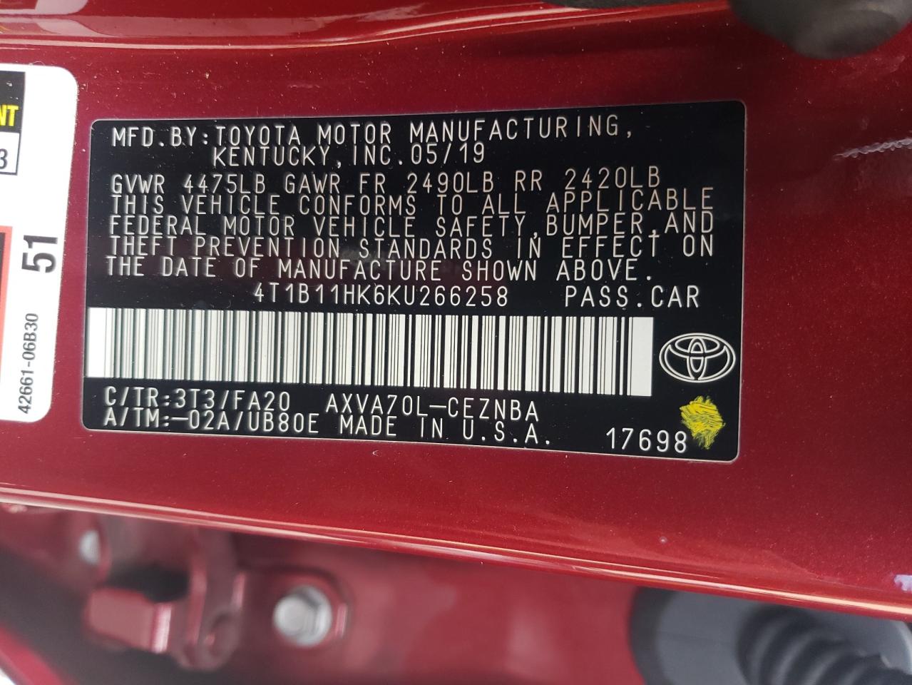 4T1B11HK6KU266258 2019 Toyota Camry L