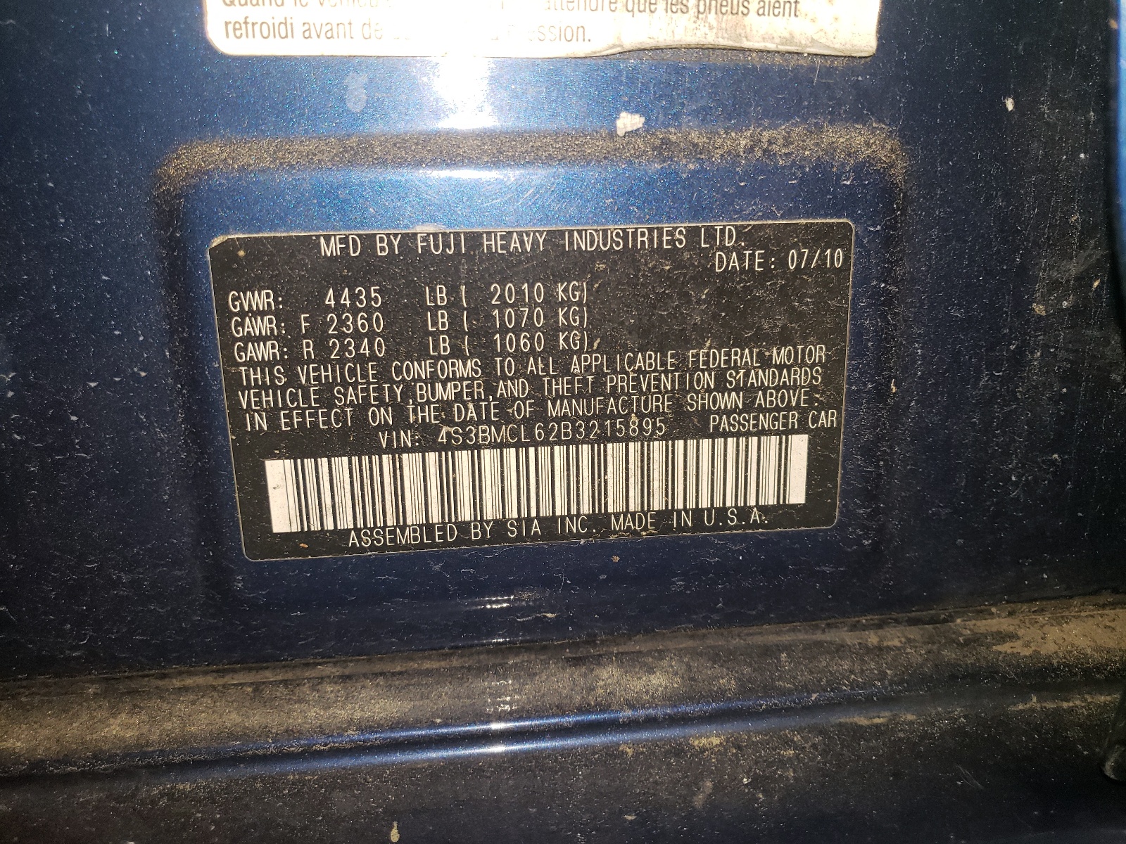 4S3BMCL62B3215895 2011 Subaru Legacy 2.5I Limited