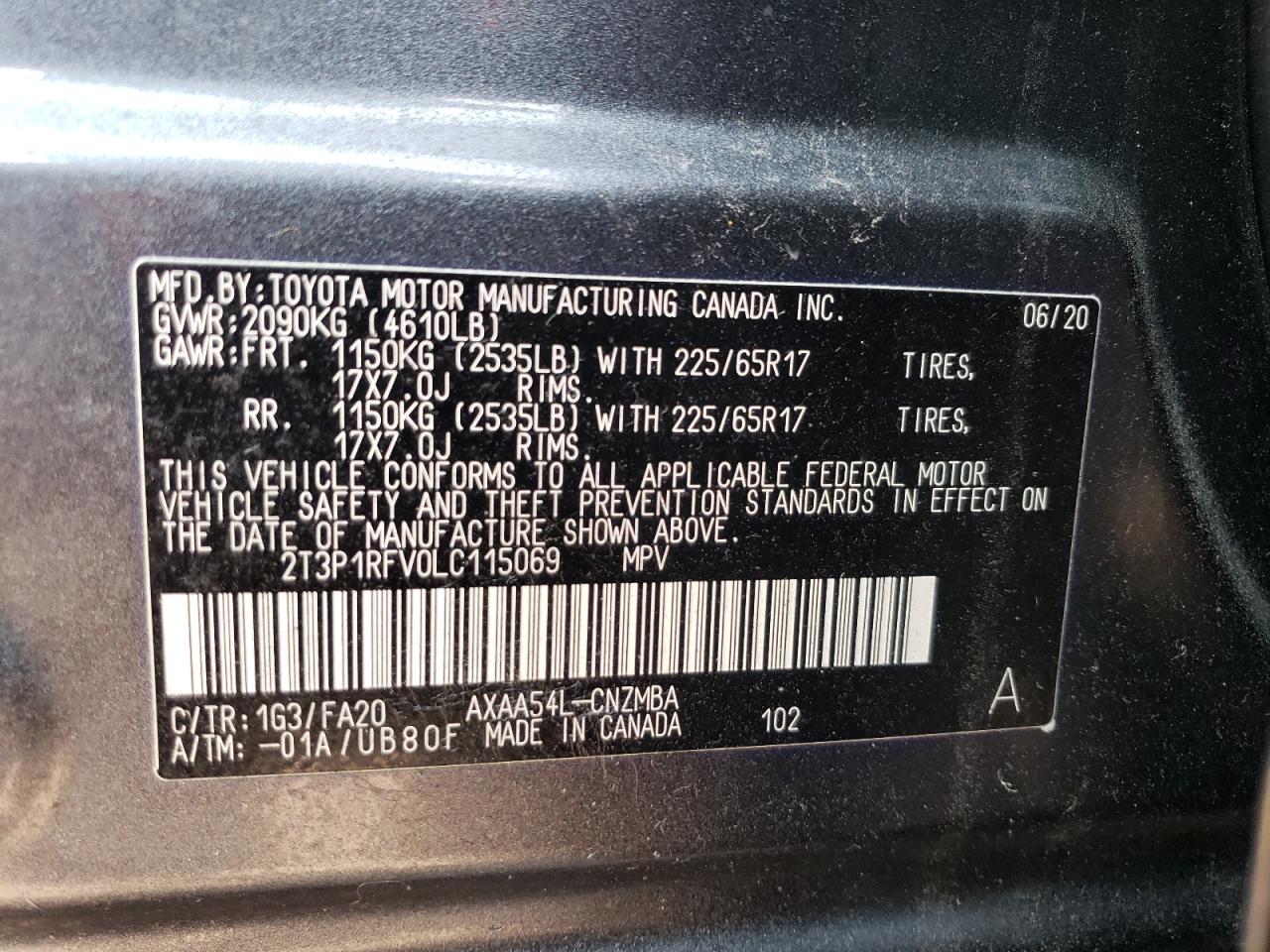 2T3P1RFV0LC115069 2020 Toyota Rav4 Xle