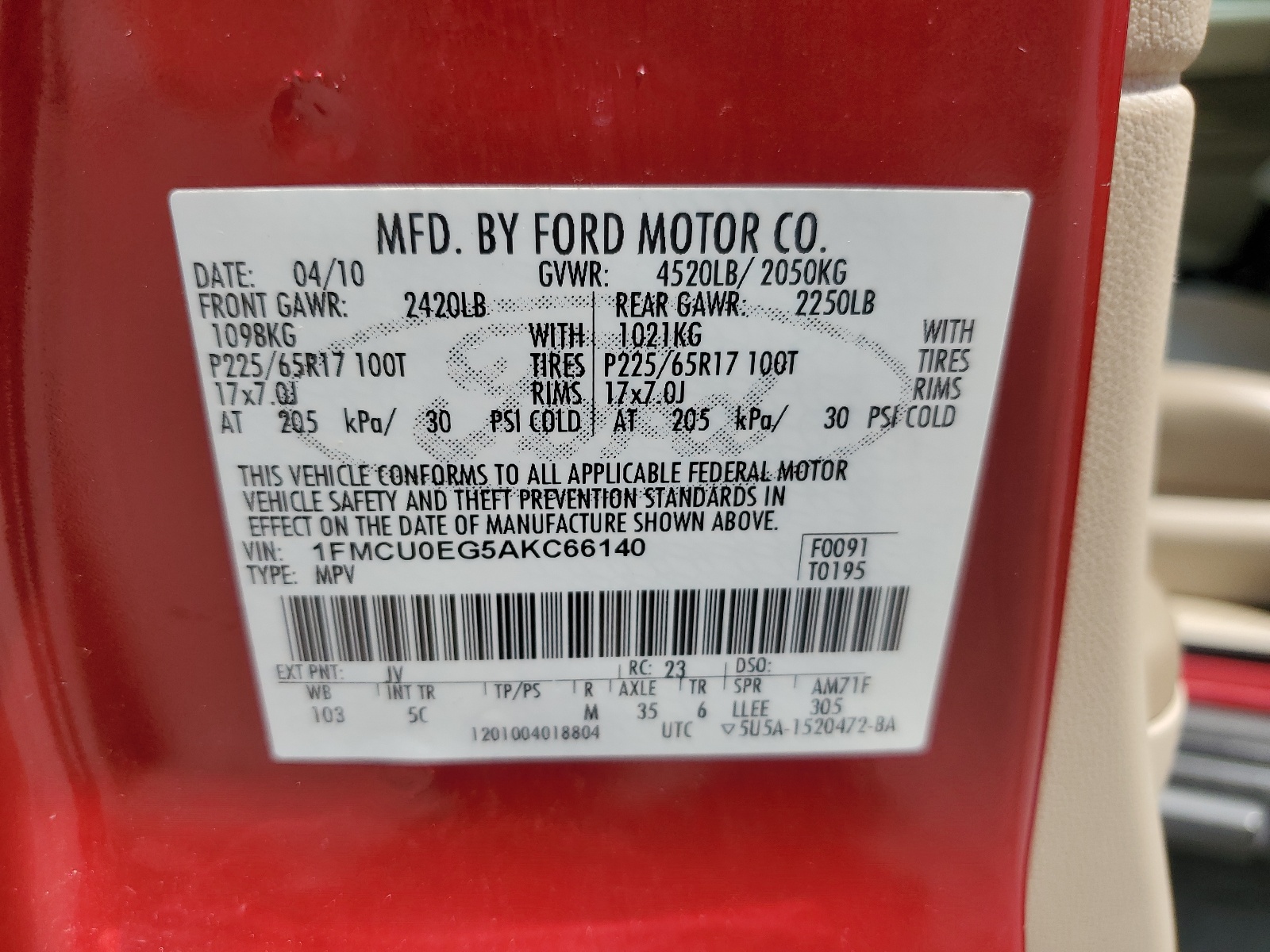 1FMCU0EG5AKC66140 2010 Ford Escape Limited