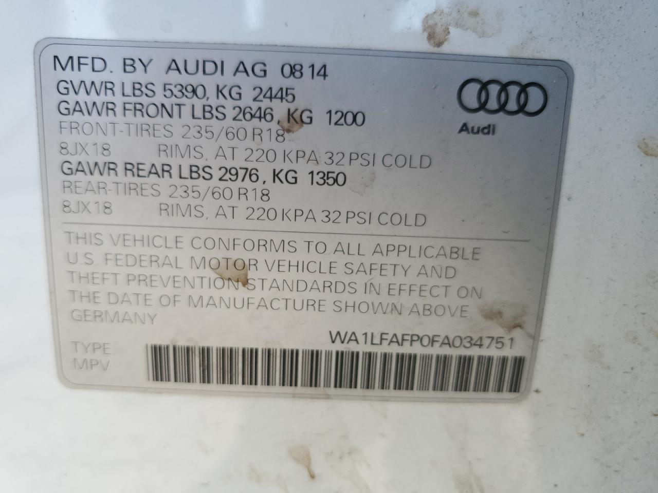 2015 Audi Q5 Premium Plus VIN: WA1LFAFP0FA034751 Lot: 63057394
