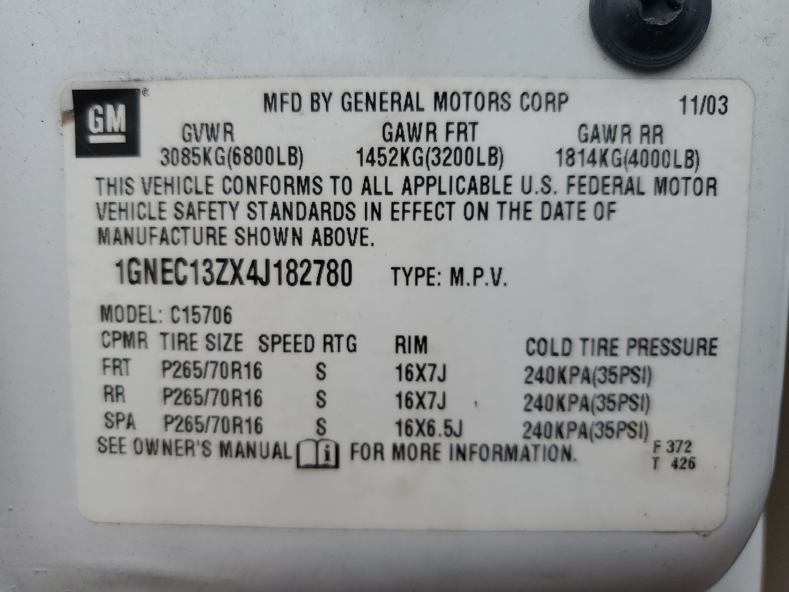 1GNEC13ZX4J182780 2004 Chevrolet Tahoe C1500