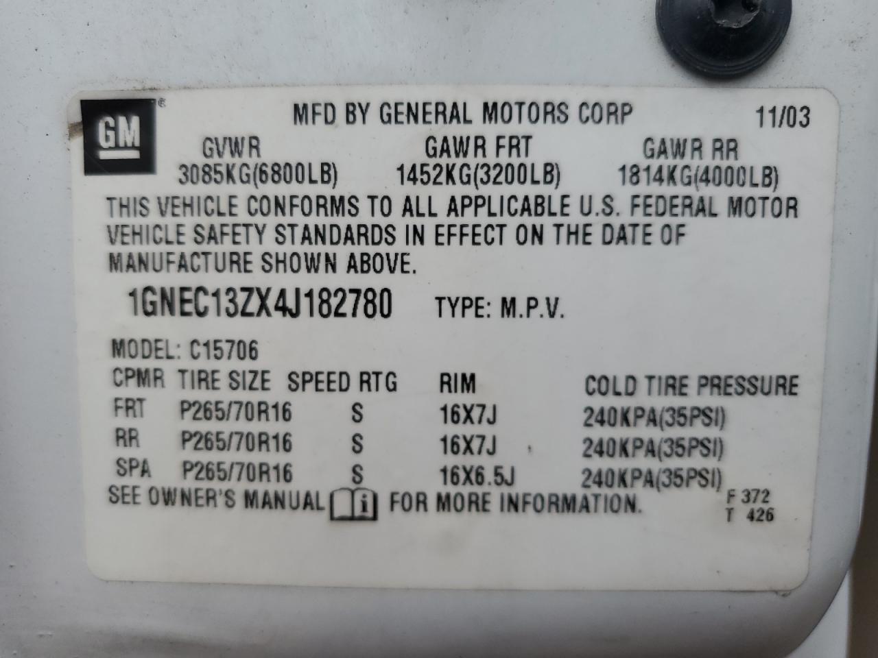 2004 Chevrolet Tahoe C1500 VIN: 1GNEC13ZX4J182780 Lot: 62735644