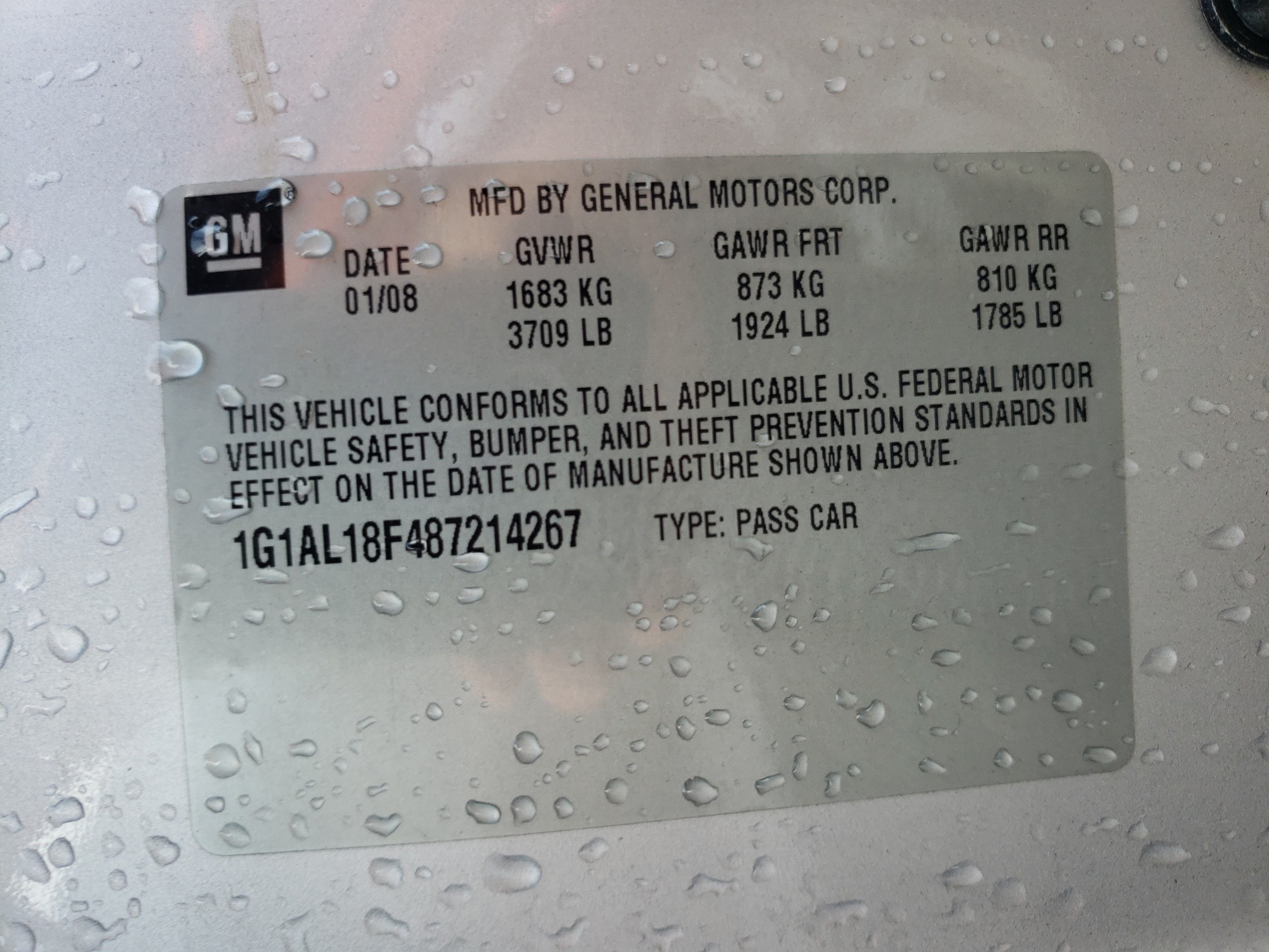 1G1AL18F487214267 2008 Chevrolet Cobalt Lt