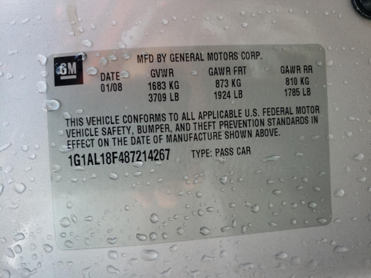 2008 Chevrolet Cobalt Lt VIN: 1G1AL18F487214267 Lot: 62330424