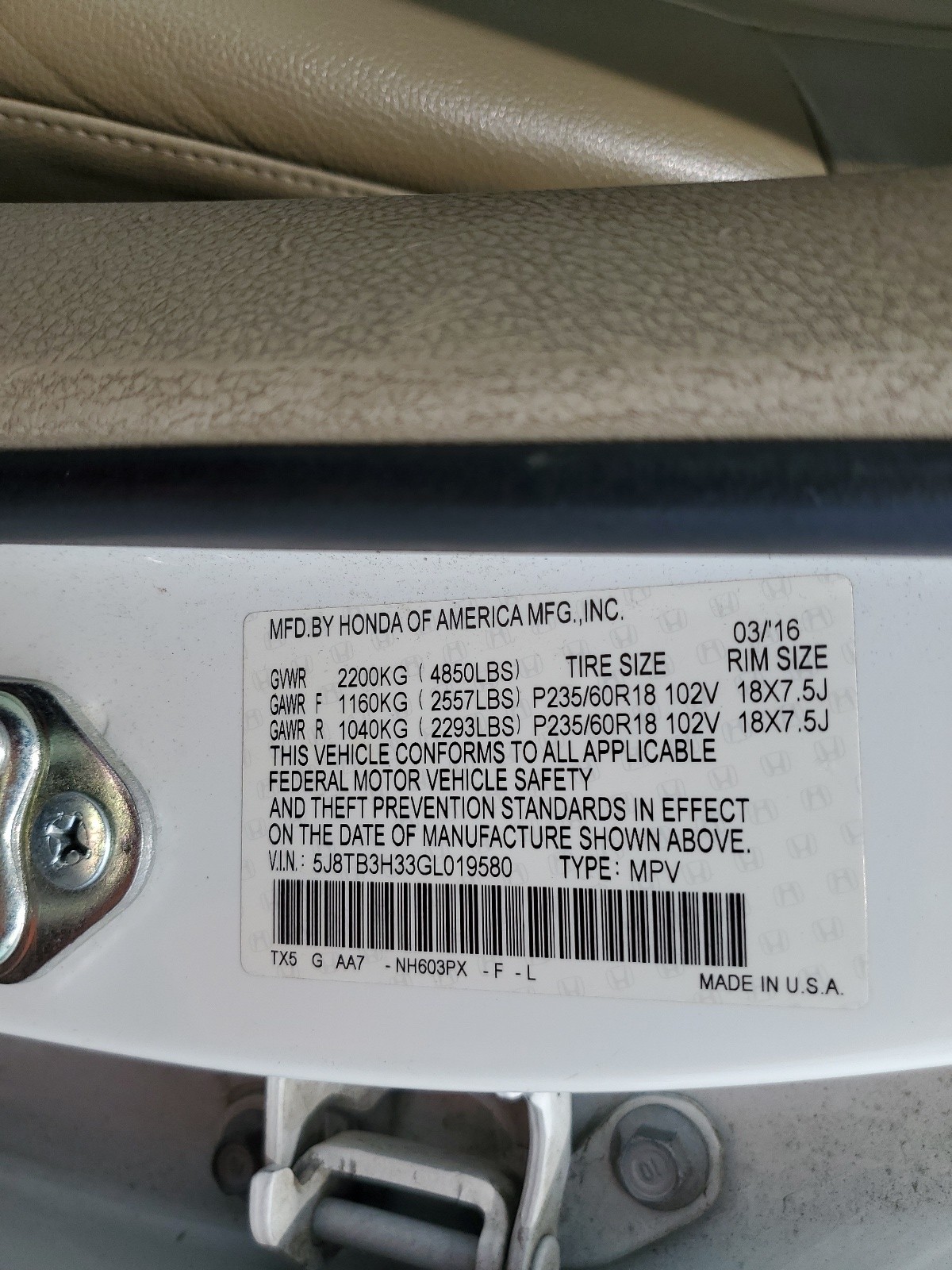 5J8TB3H33GL019580 2016 Acura Rdx