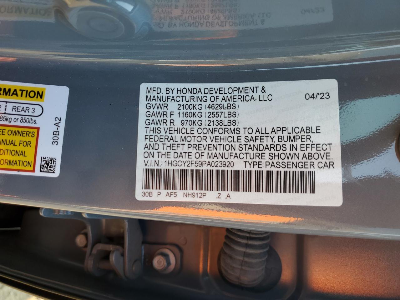 1HGCY2F59PA023920 2023 Honda Accord Hybrid Sport