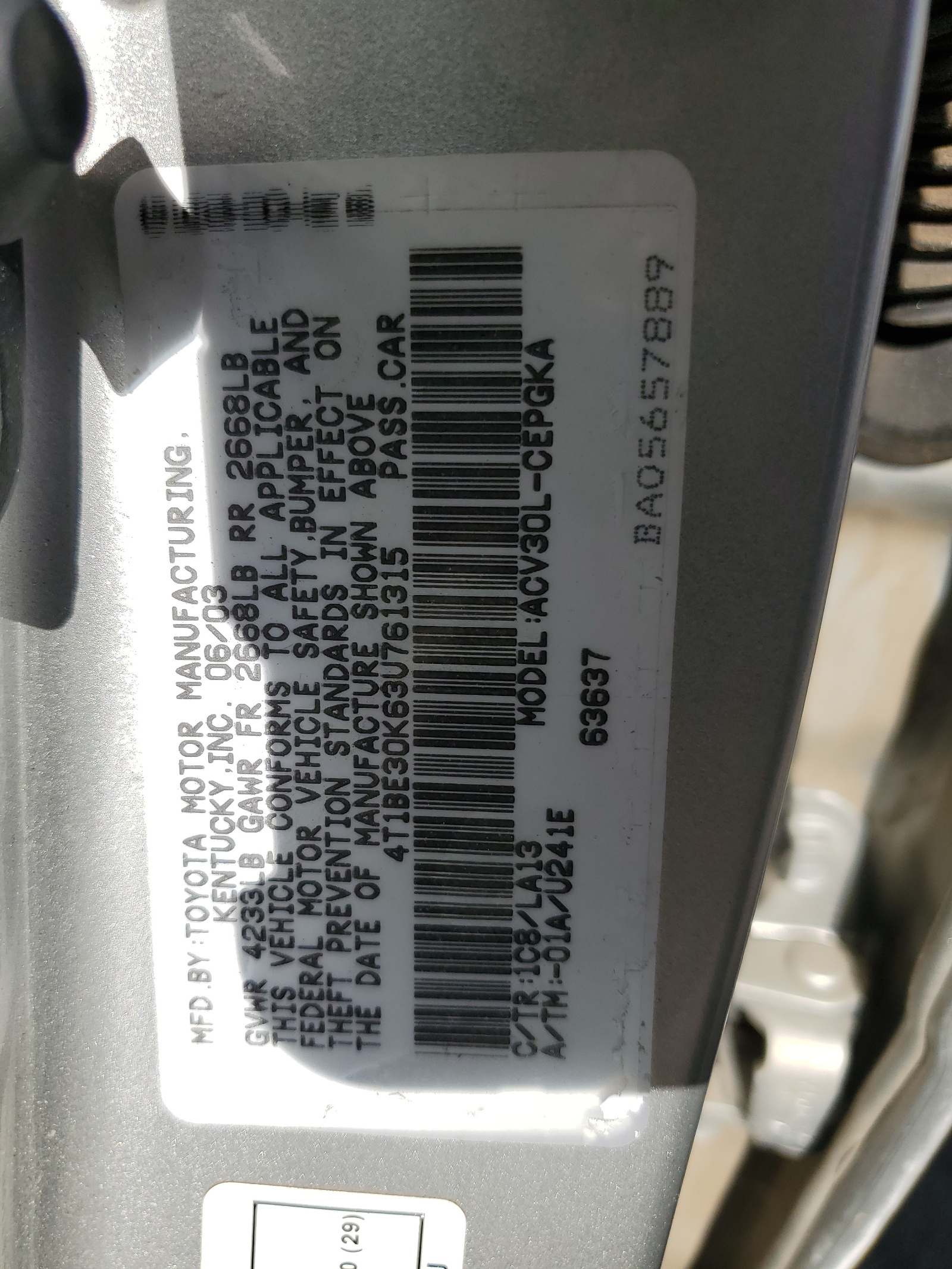 4T1BE30K63U761315 2003 Toyota Camry Le