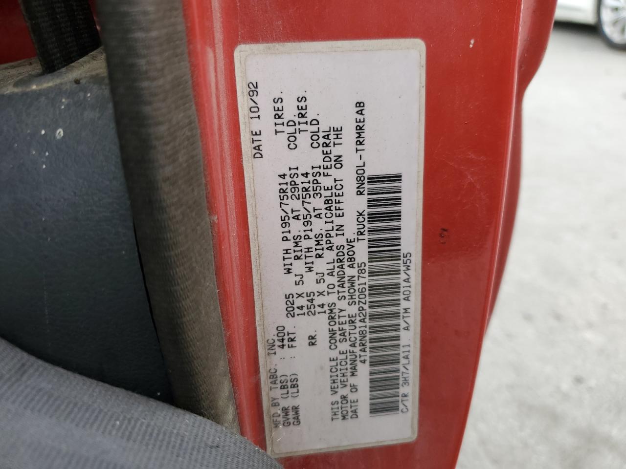 1993 Toyota Pickup 1/2 Ton Short Wheelbase Stb VIN: 4TARN81A2PZ061785 Lot: 64615784