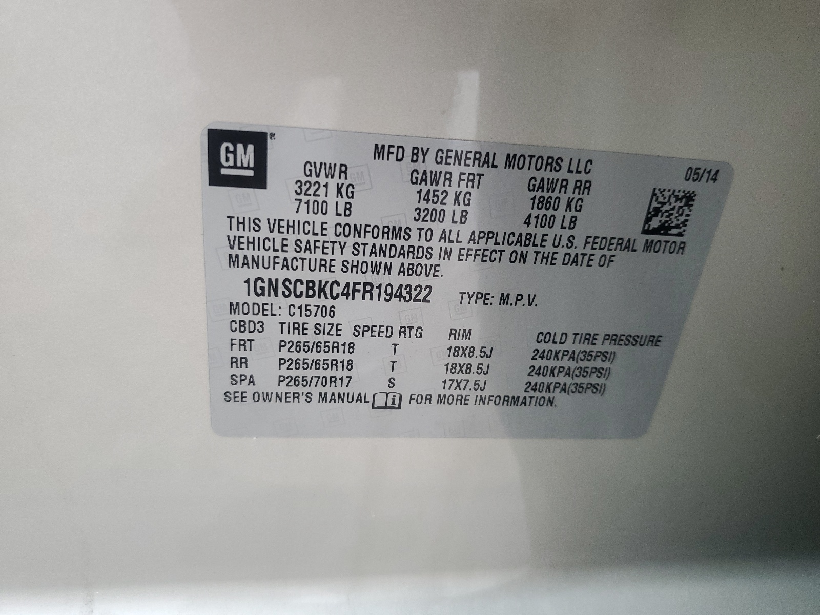 1GNSCBKC4FR194322 2015 Chevrolet Tahoe C1500 Lt