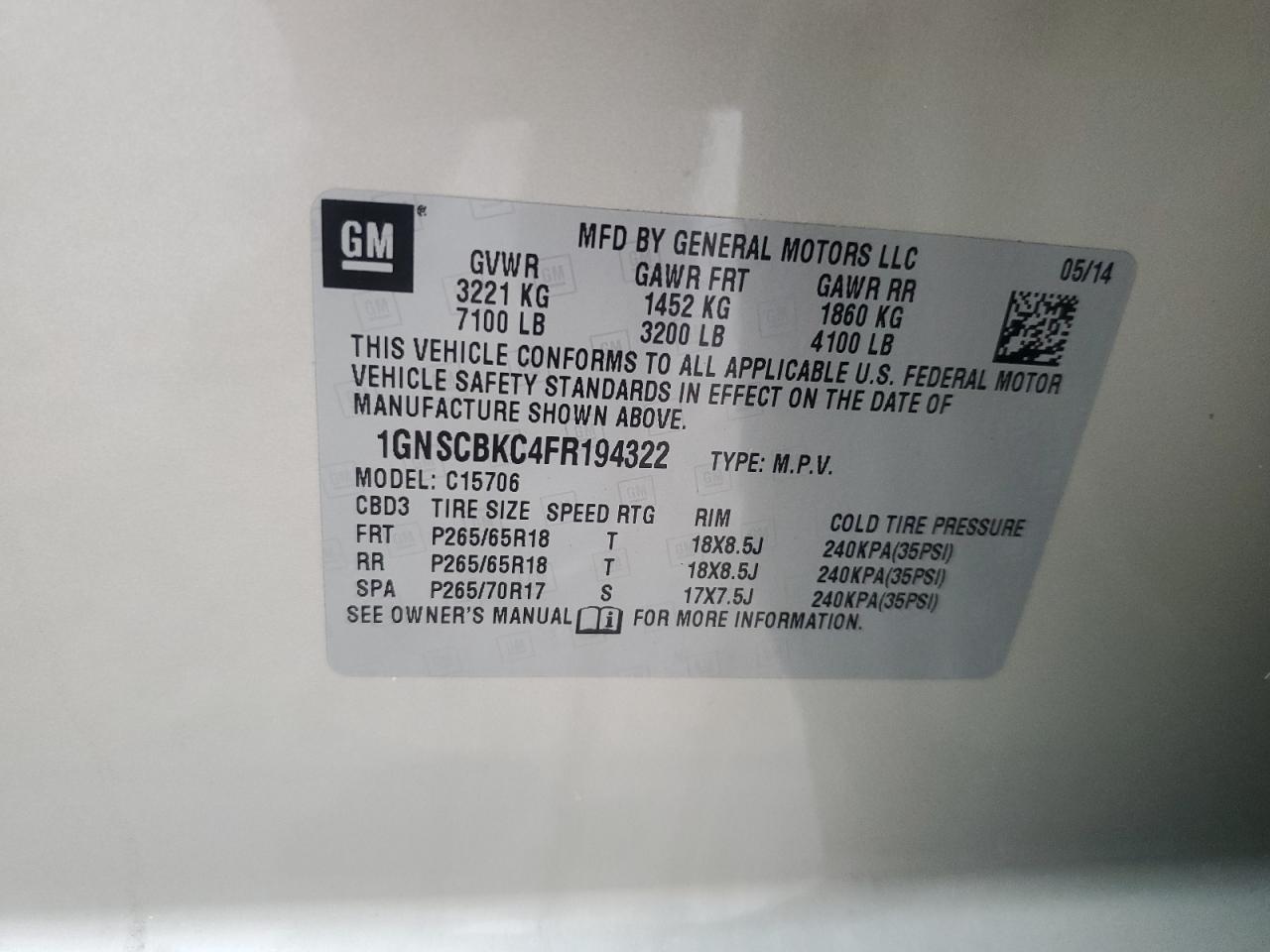 2015 Chevrolet Tahoe C1500 Lt VIN: 1GNSCBKC4FR194322 Lot: 62813564