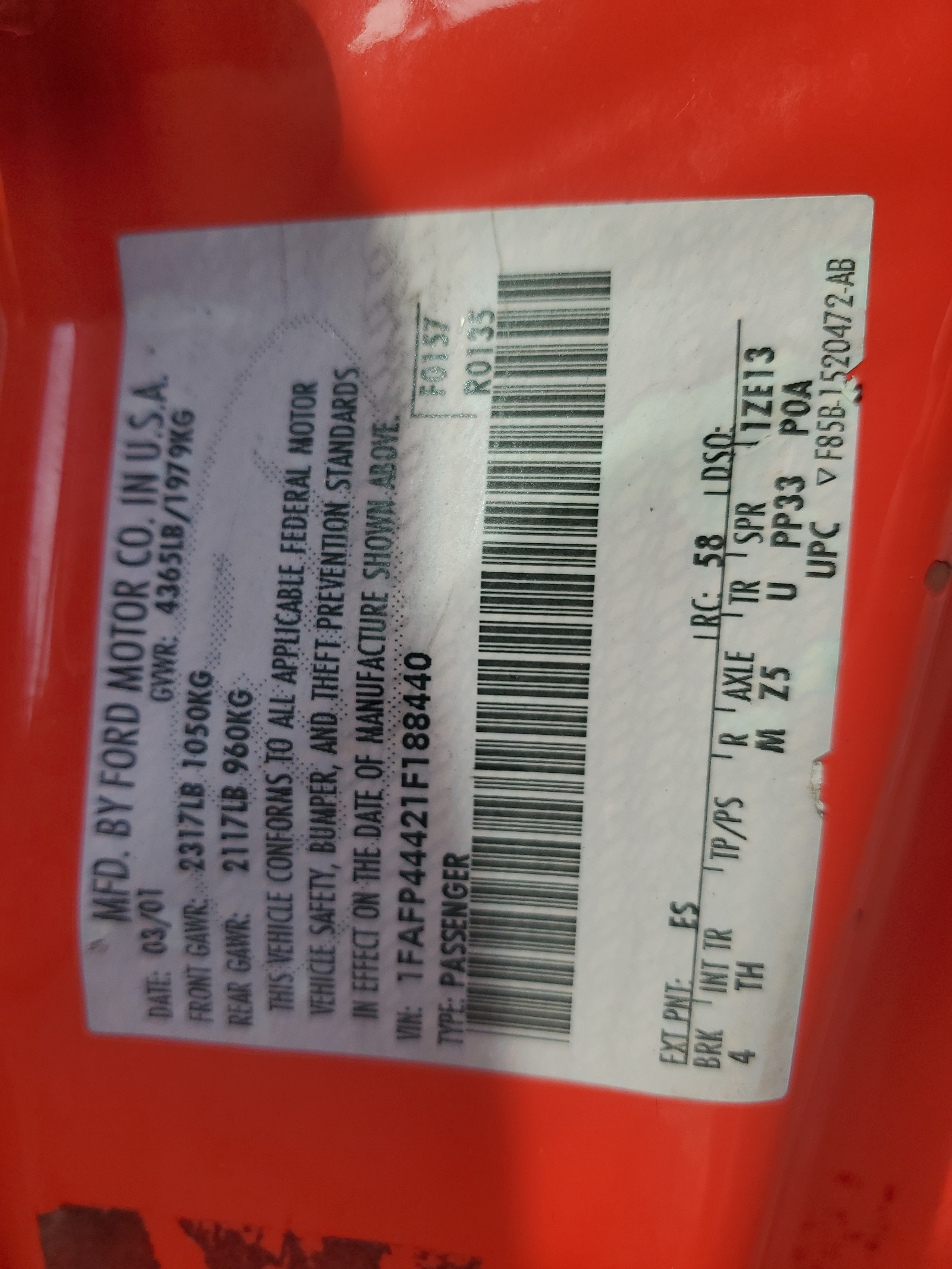 1FAFP44421F188440 2001 Ford Mustang