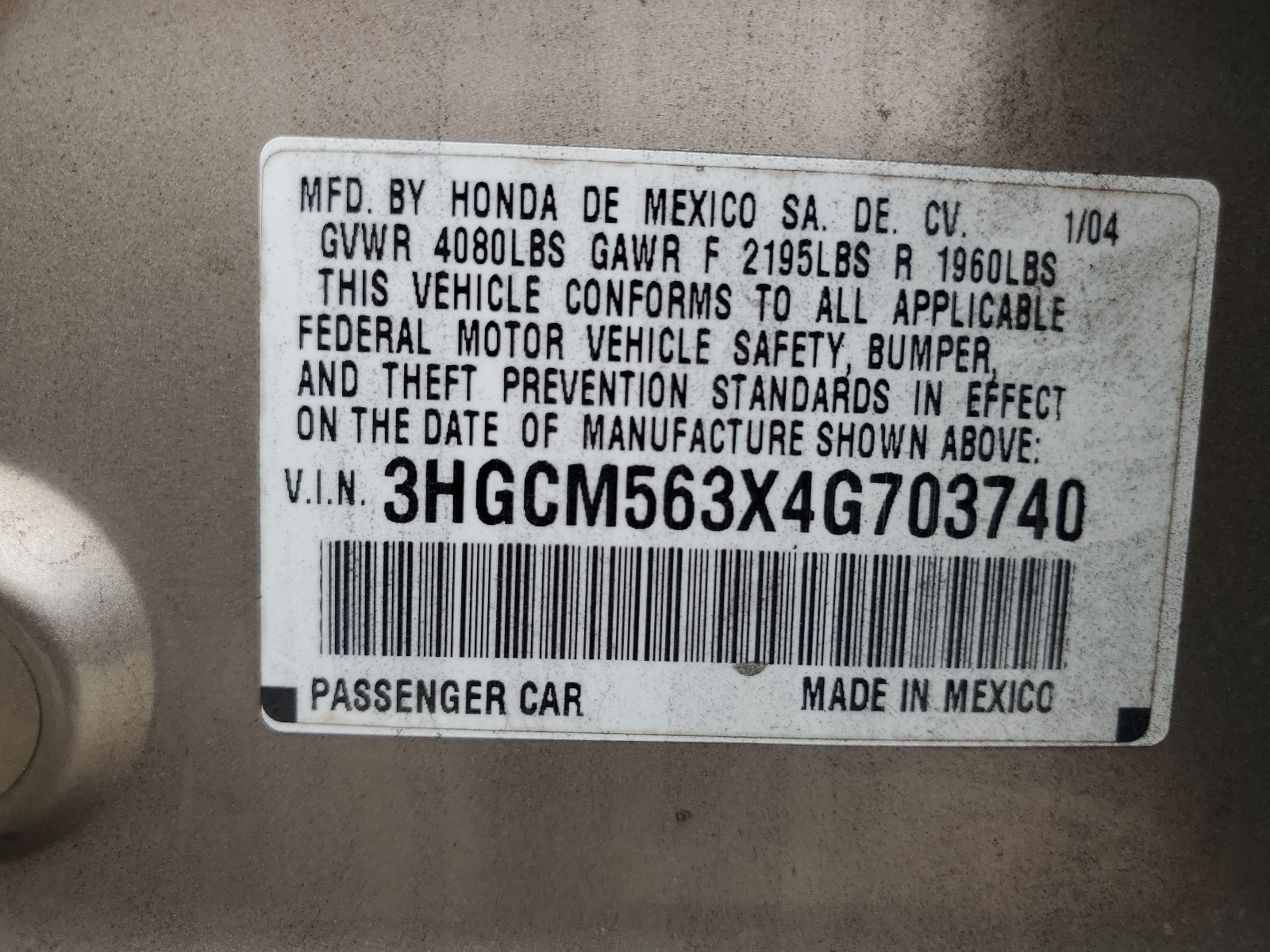 3HGCM563X4G703740 2004 Honda Accord Lx