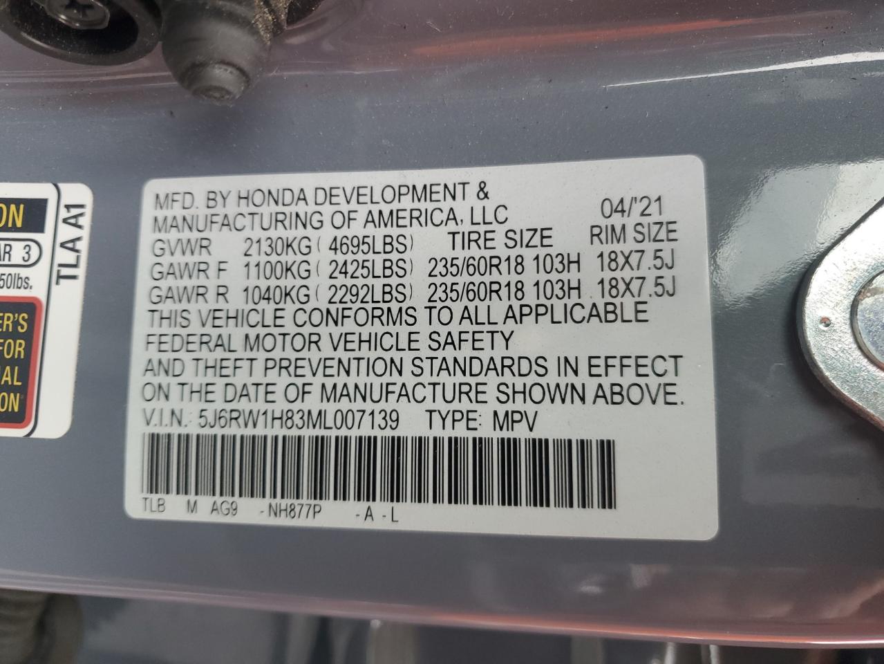 2021 Honda Cr-V Exl VIN: 5J6RW1H83ML007139 Lot: 64808004