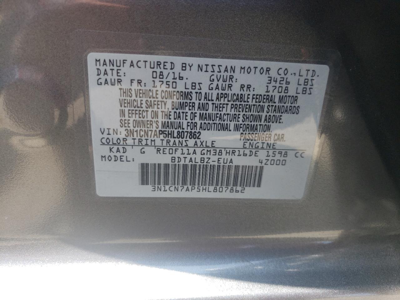 3N1CN7AP5HL807862 2017 Nissan Versa S