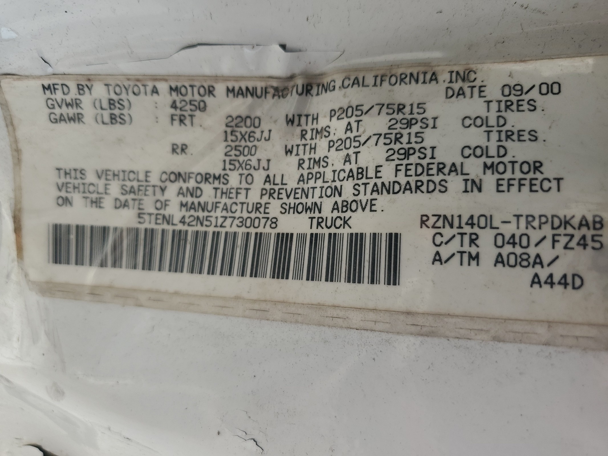 5TENL42N51Z730078 2001 Toyota Tacoma