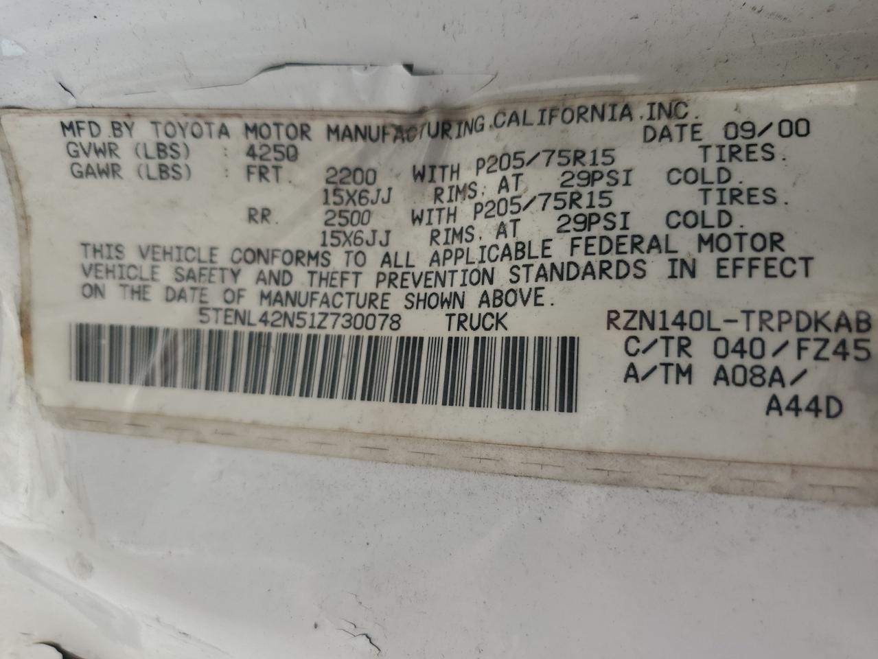 2001 Toyota Tacoma VIN: 5TENL42N51Z730078 Lot: 64760454