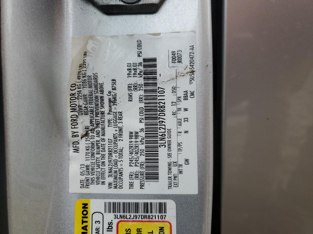 2013 Lincoln Mkz VIN: 3LN6L2J97DR821107 Lot: 62991224