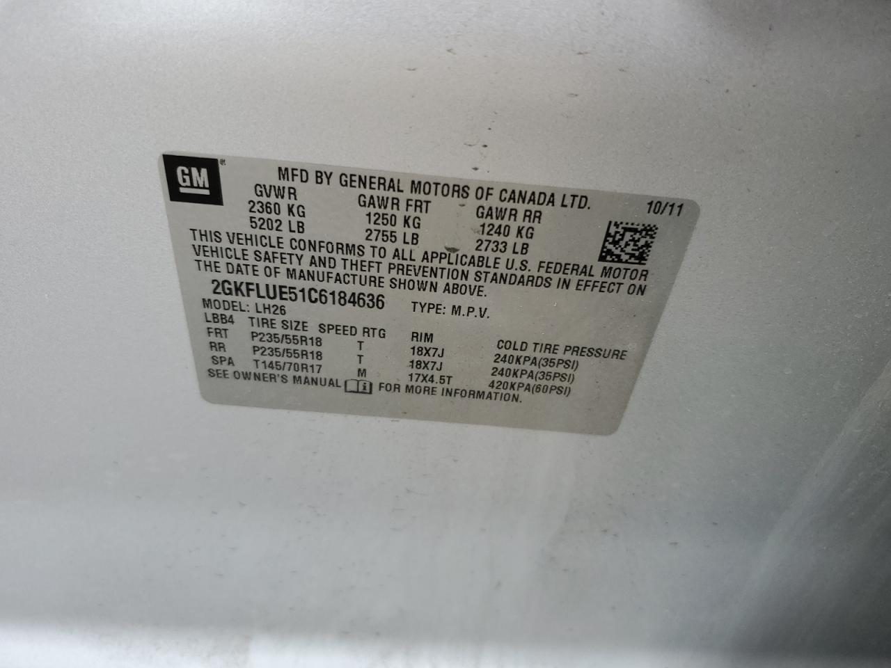 2012 GMC Terrain Slt VIN: 2GKFLUE51C6184636 Lot: 63897664