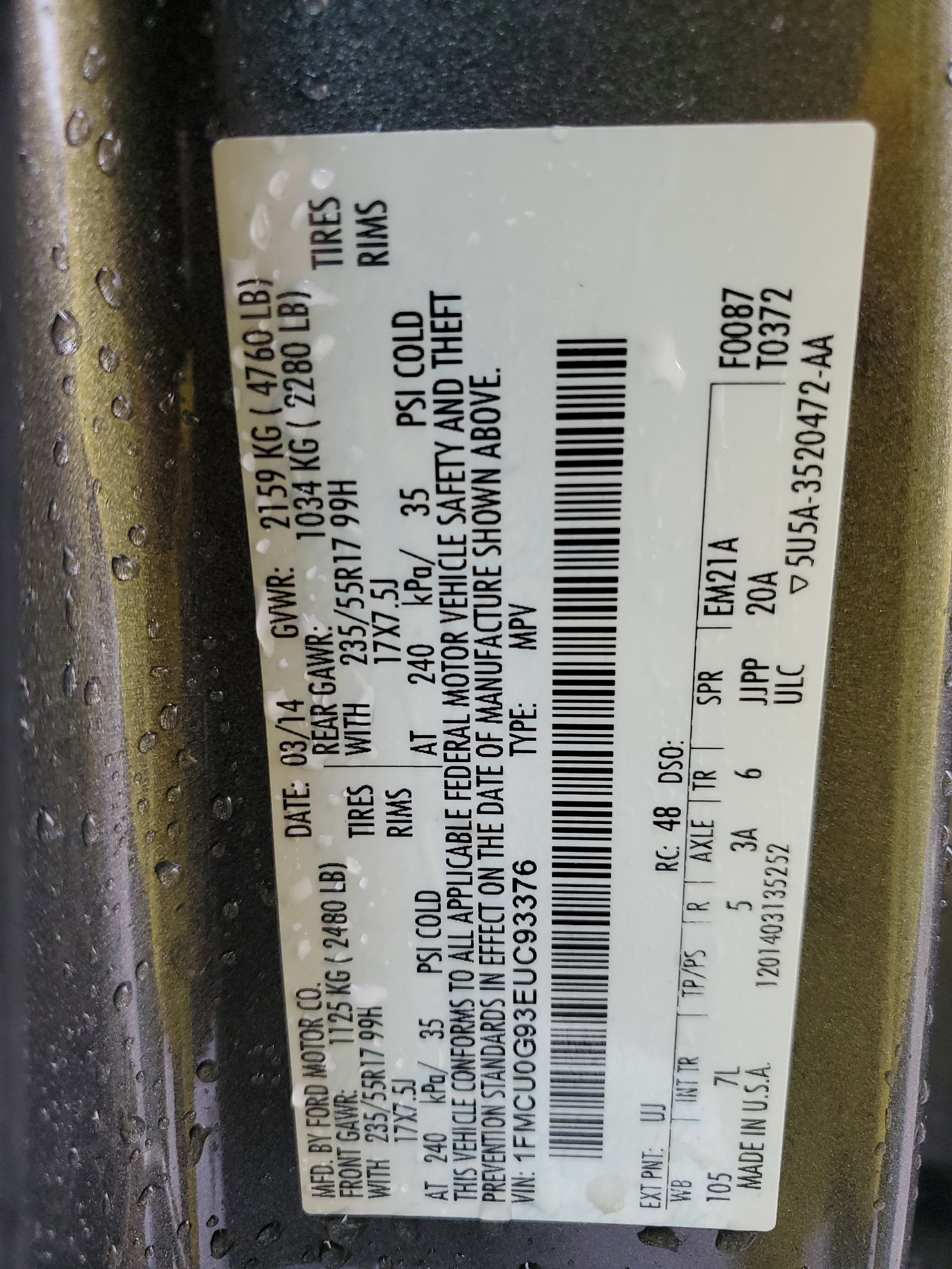 1FMCU0G93EUC93376 2014 Ford Escape Se