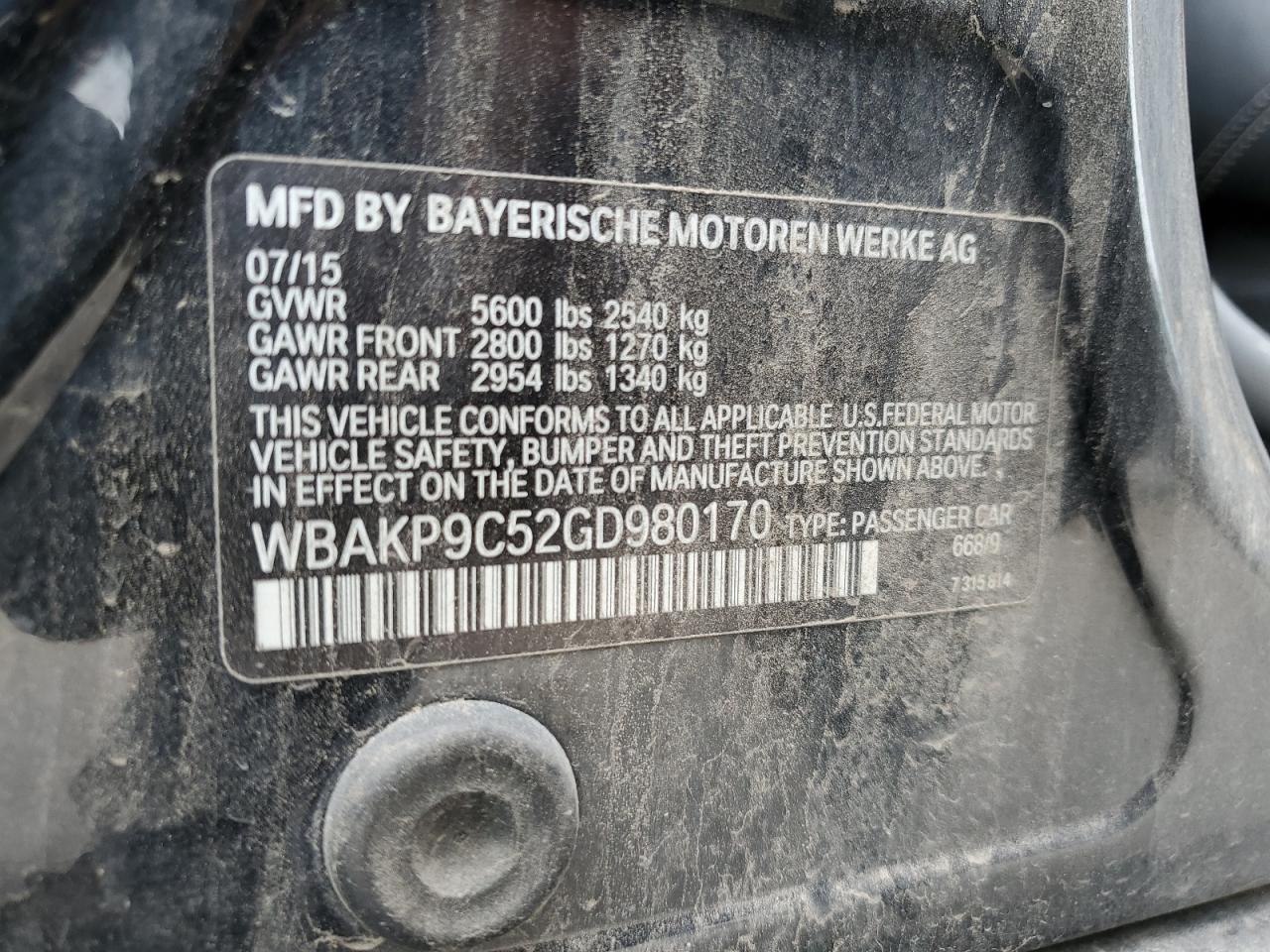 2016 BMW 550 Xi VIN: WBAKP9C52GD980170 Lot: 62766954