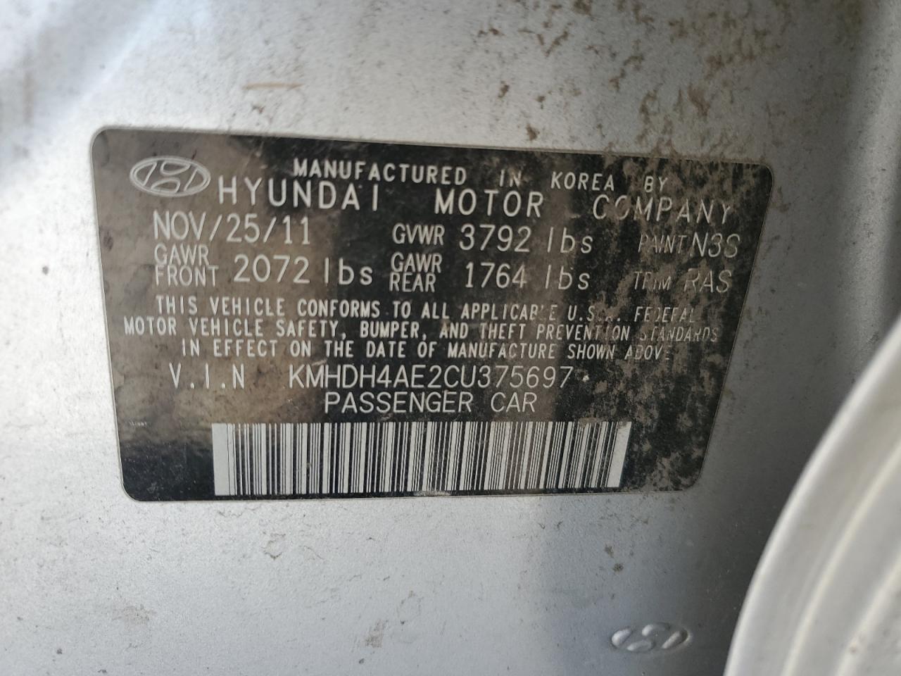 2012 Hyundai Elantra Gls VIN: KMHDH4AE2CU375697 Lot: 64202074