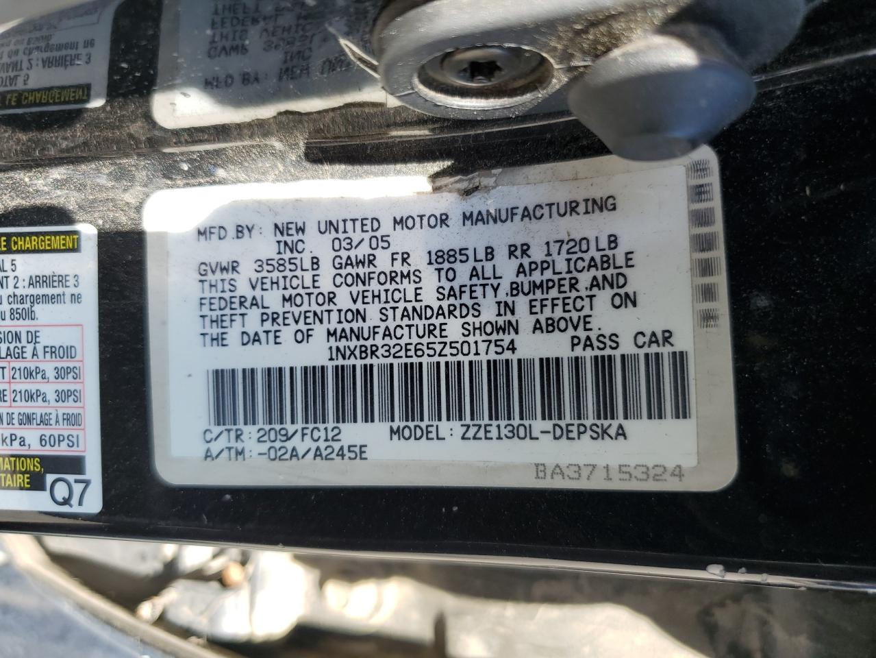 2005 Toyota Corolla Ce VIN: 1NXBR32E65Z501754 Lot: 63264894