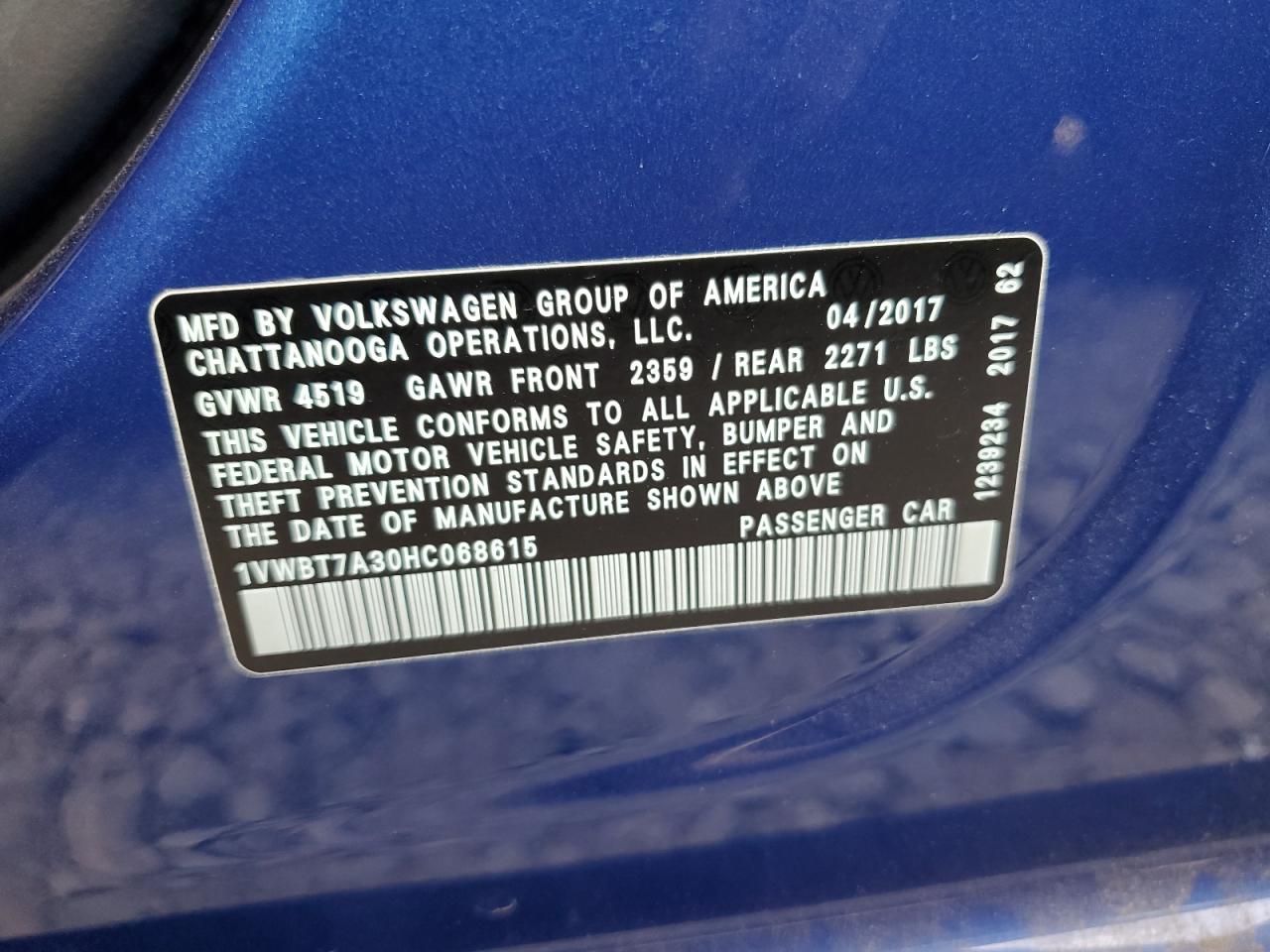 2017 Volkswagen Passat Se VIN: 1VWBT7A30HC068615 Lot: 64461724