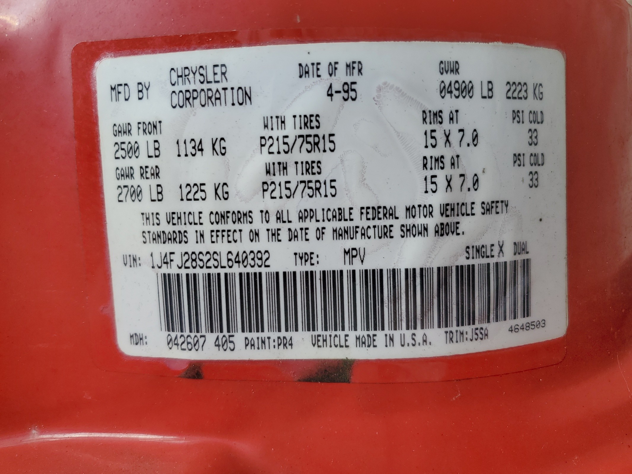 1J4FJ28S2SL640392 1995 Jeep Cherokee Se