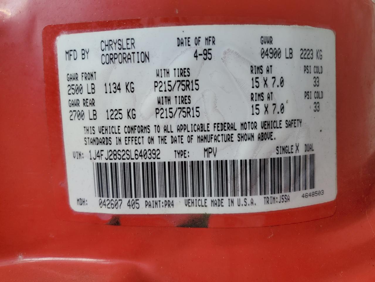 1995 Jeep Cherokee Se VIN: 1J4FJ28S2SL640392 Lot: 64740114