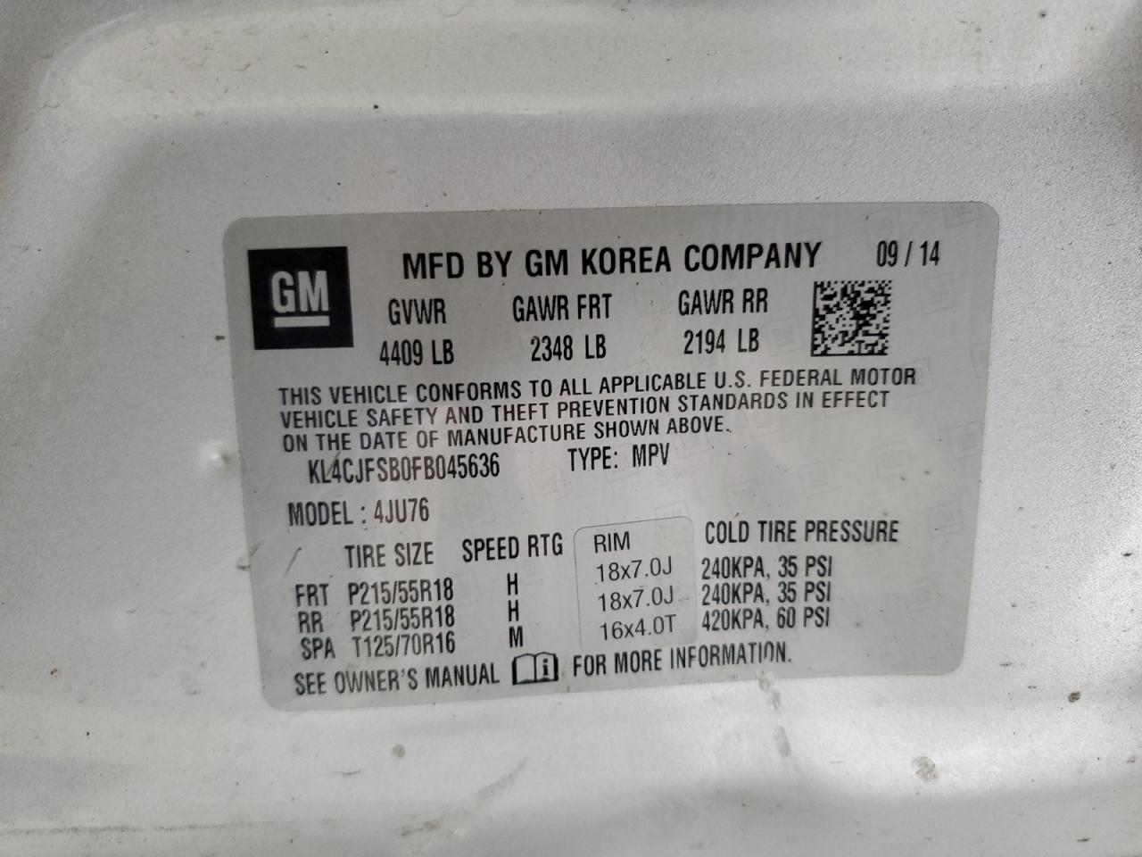 2015 Buick Encore Convenience VIN: KL4CJFSB0FB045636 Lot: 63890224