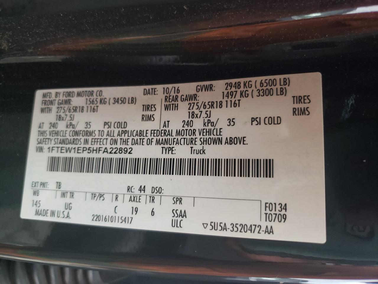 1FTEW1EP5HFA22892 2017 Ford F150 Supercrew