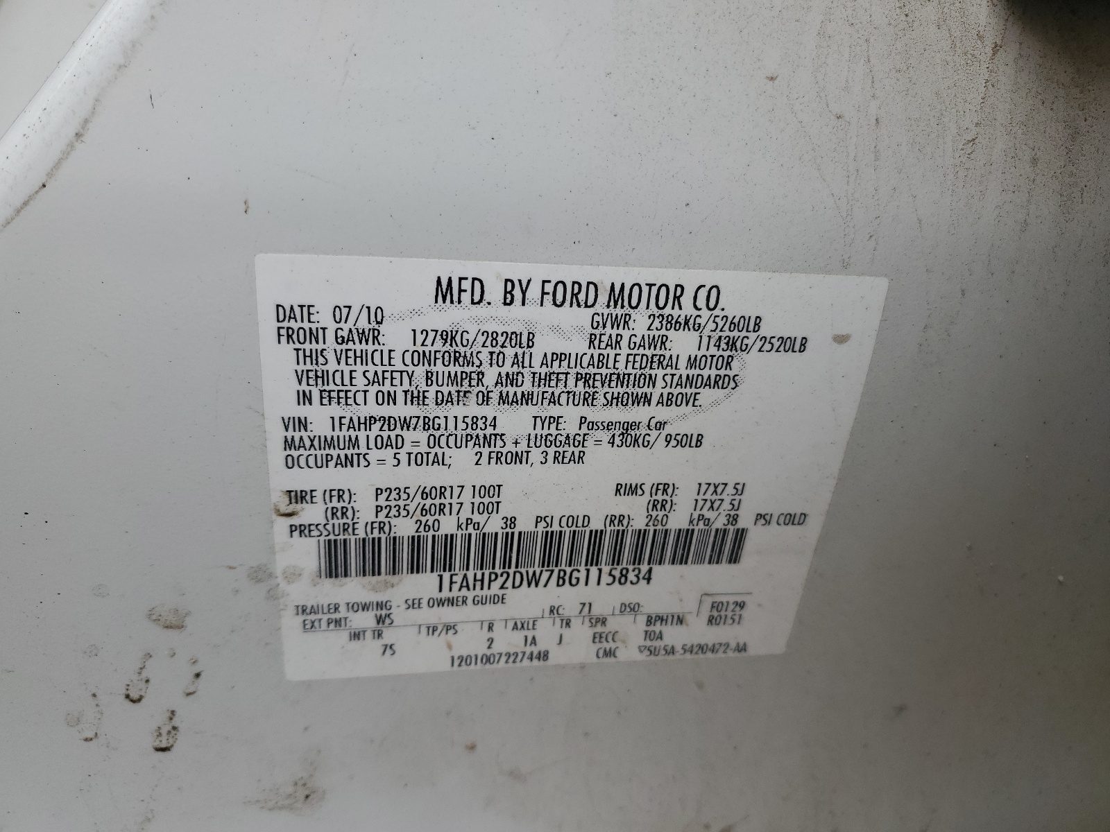 1FAHP2DW7BG115834 2011 Ford Taurus Se