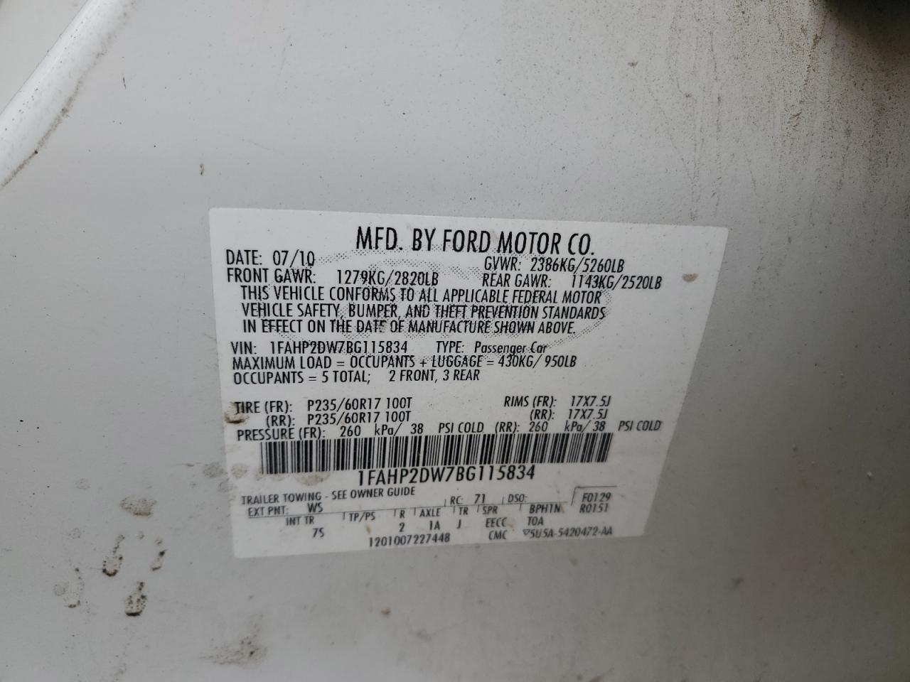 2011 Ford Taurus Se VIN: 1FAHP2DW7BG115834 Lot: 61545674