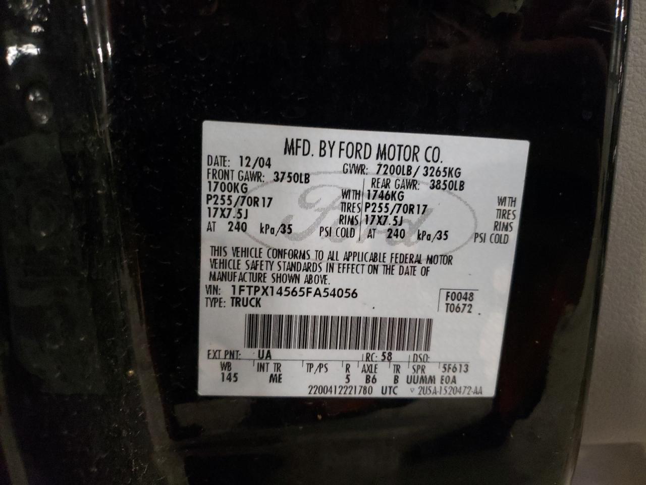 2005 Ford F150 VIN: 1FTPX14565FA54056 Lot: 61565164