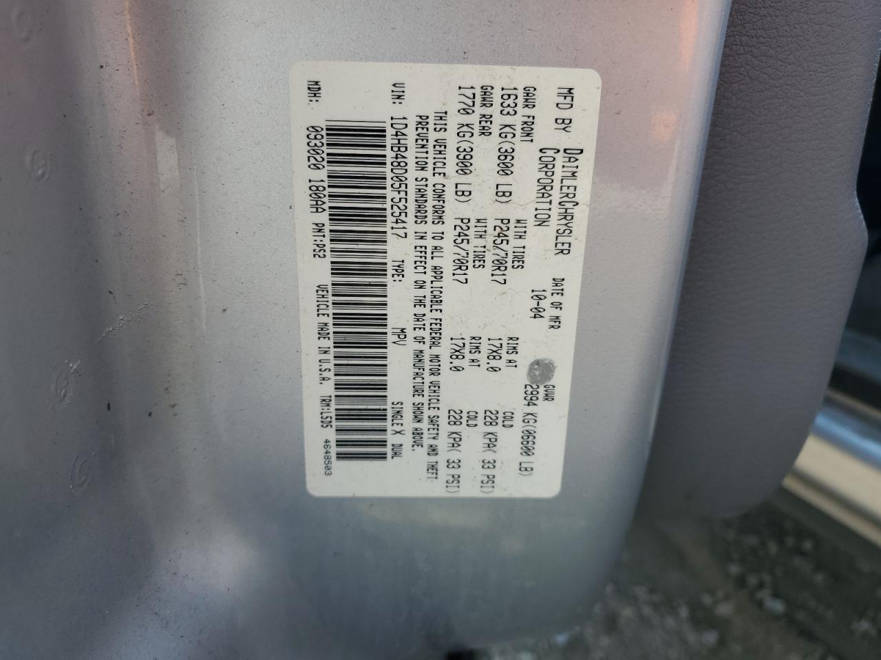 2005 Dodge Durango Slt VIN: 1D4HB48D05F525417 Lot: 62428194