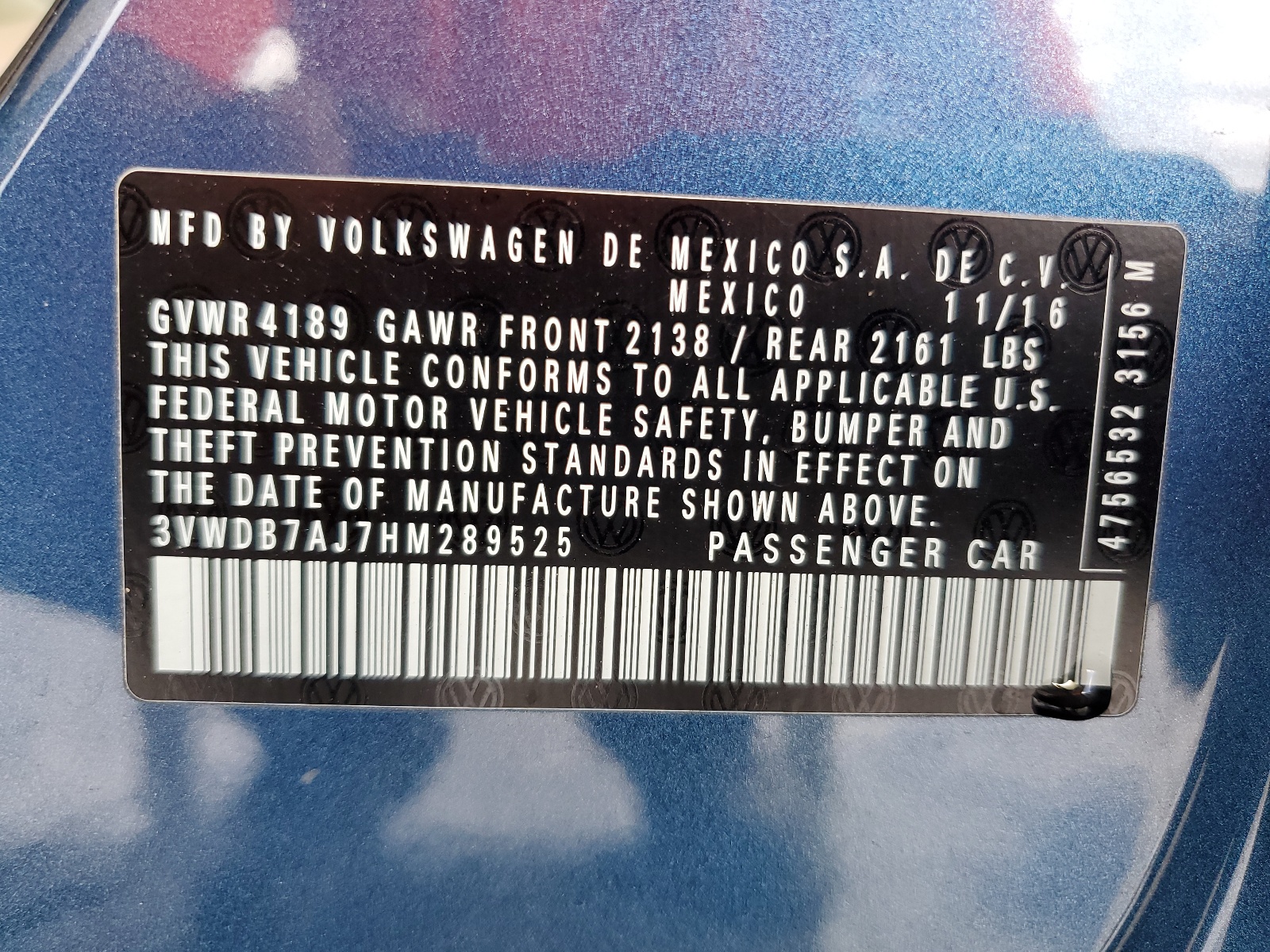 3VWDB7AJ7HM289525 2017 Volkswagen Jetta Se