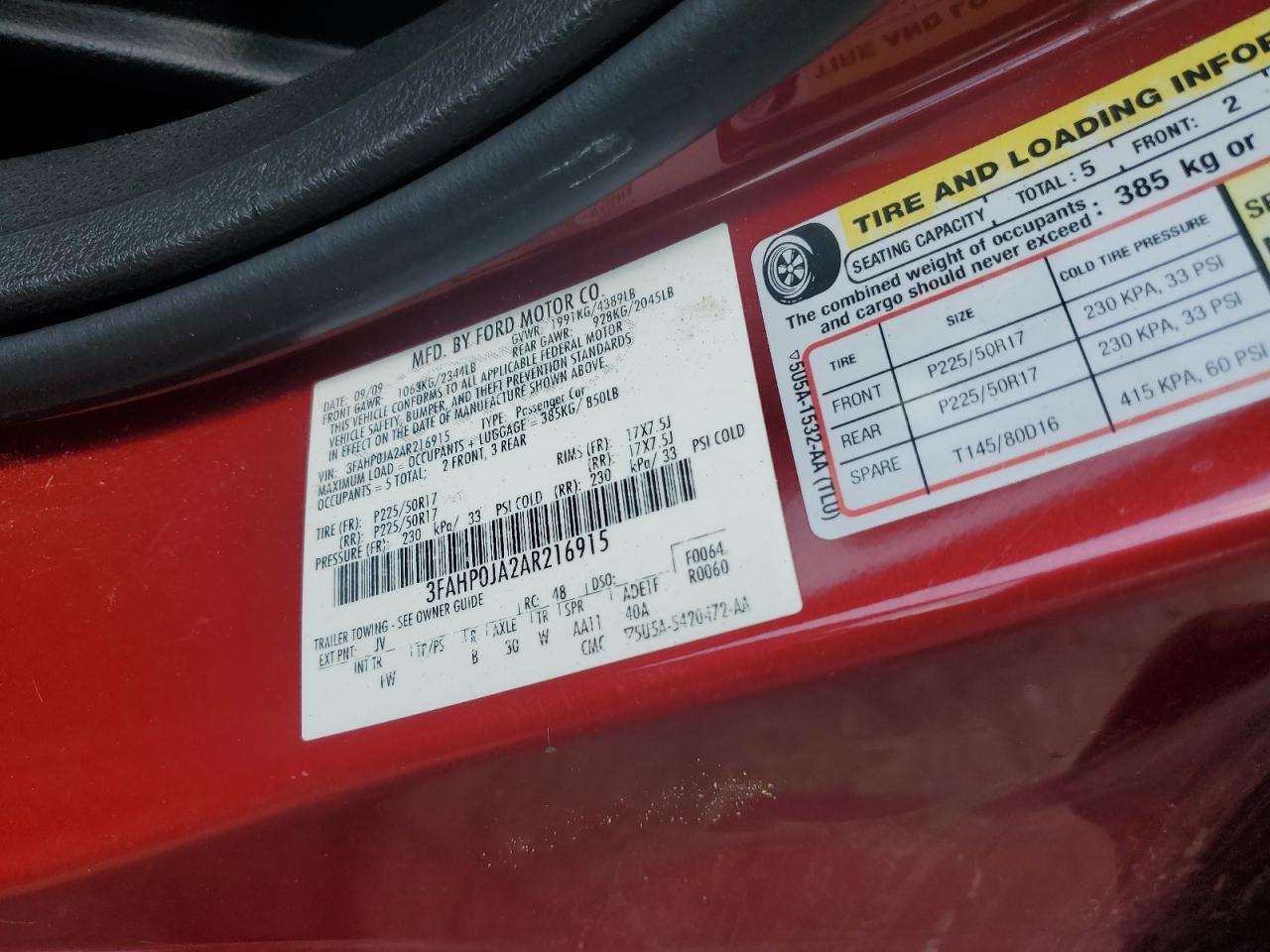 2010 Ford Fusion Sel VIN: 3FAHP0JA2AR216915 Lot: 63070714