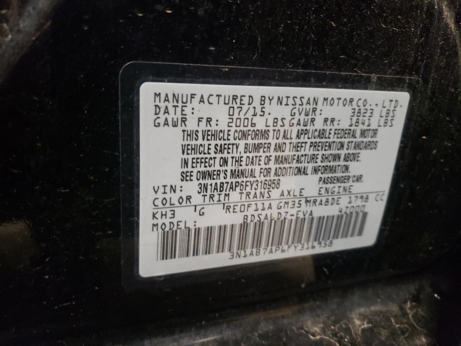 2015 Nissan Sentra S vin: 3N1AB7AP6FY316958