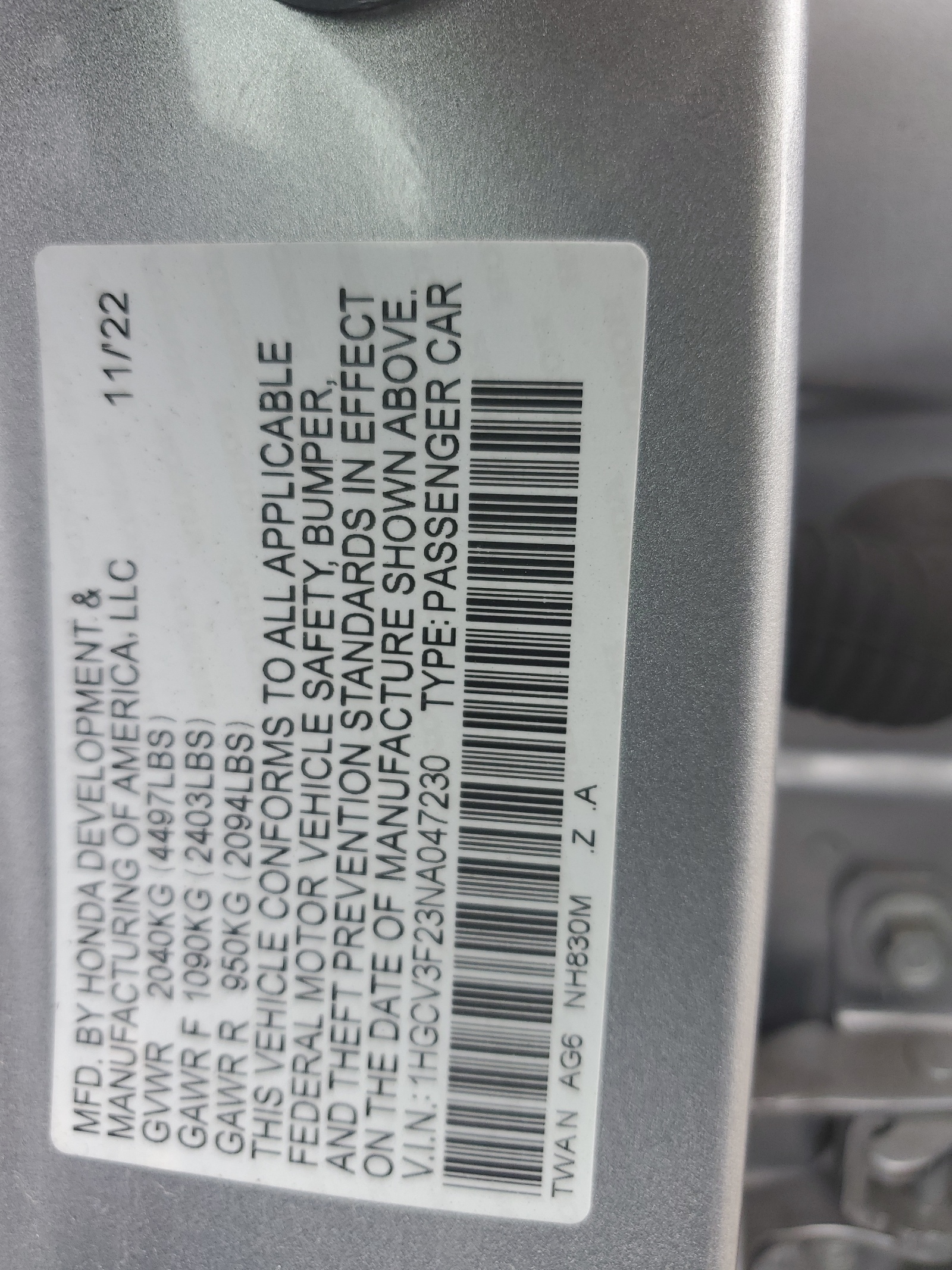 1HGCV3F23NA047230 2022 Honda Accord Hybrid Sport