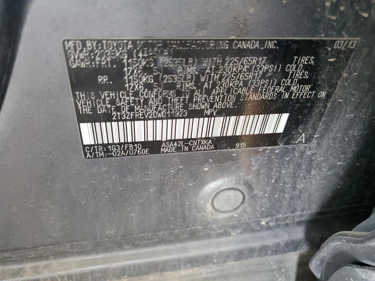 2013 Toyota Rav4 Le VIN: 2T3ZFREV2DW011923 Lot: 62926134