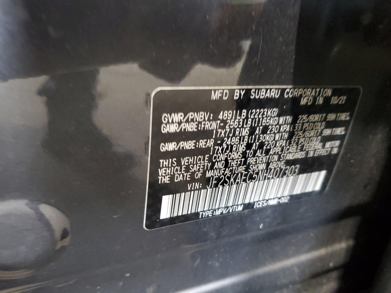 2022 Subaru Forester Premium VIN: JF2SKAEC5NH407303 Lot: 63238634