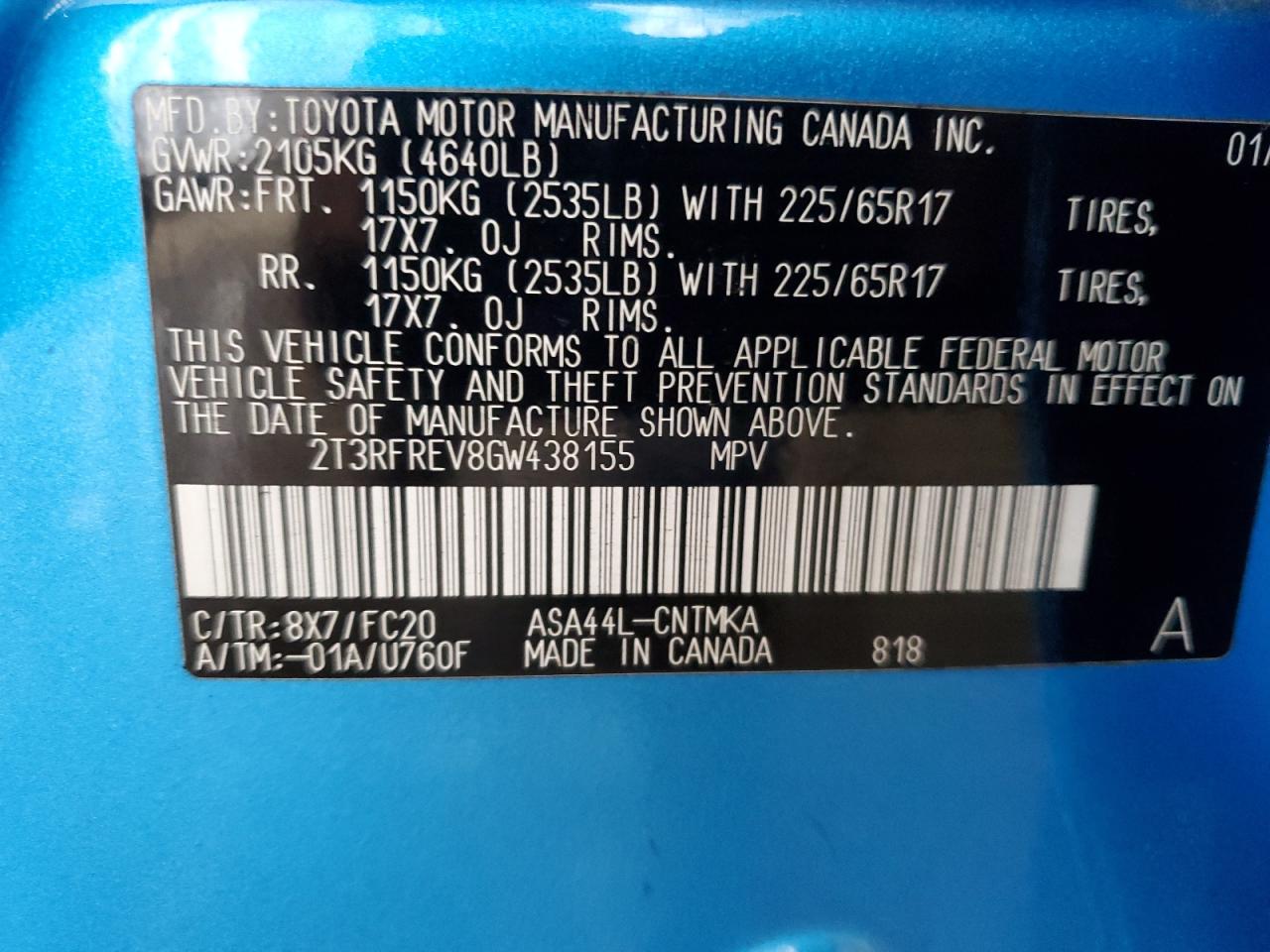 2016 Toyota Rav4 Xle VIN: 2T3RFREV8GW438155 Lot: 64151054