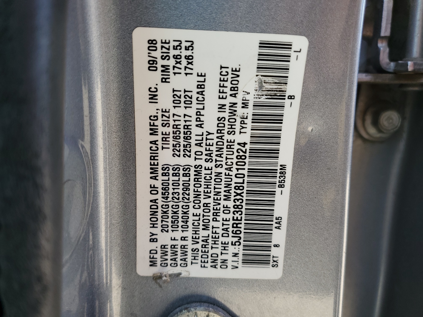 5J6RE383X8L010824 2008 Honda Cr-V Lx